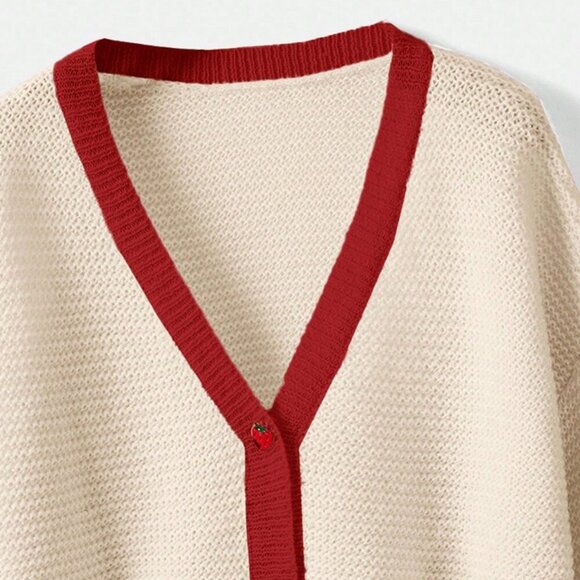 Apricot Casual Women's Cute Crochet Strawberry Print Button sweater Cardigan - Picture 2 of 4